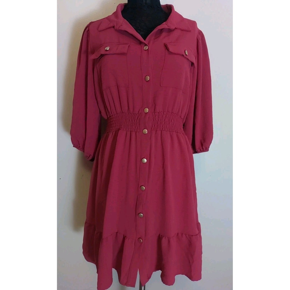 Charli And Jean Crimson Red Button Down Elastic Waist Ruffle Hem Dress‎ Size XL